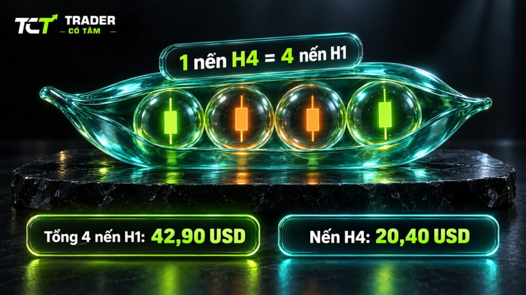 khung H4 là gì: một nến H4 vàng dài 20,40 USD gộp bốn nến H1 có tổng biên độ 42,90 USD
