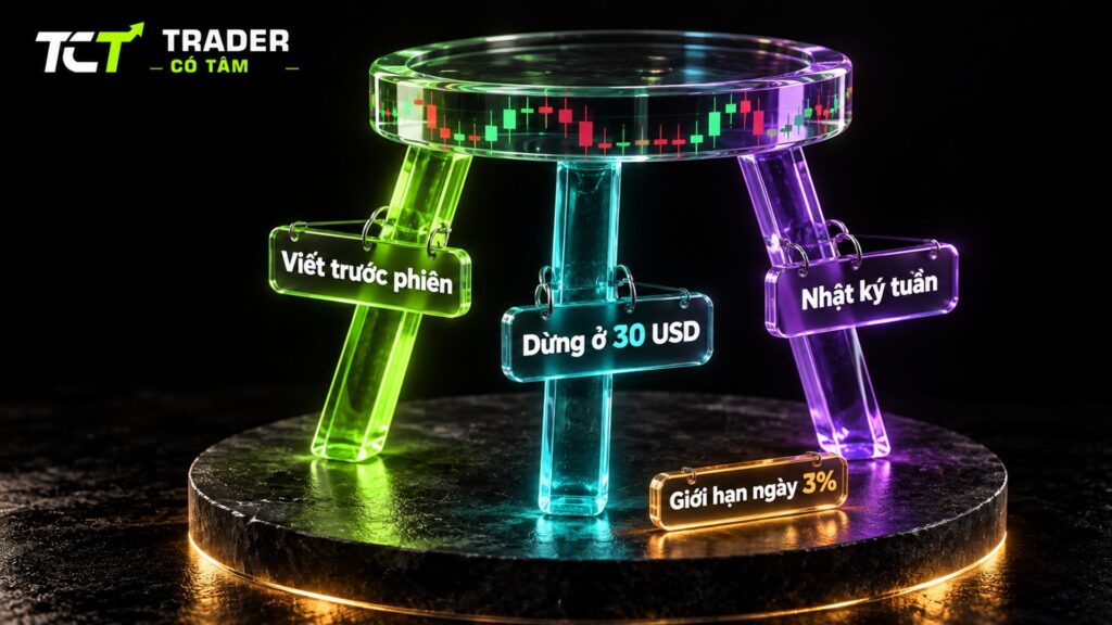 kiểm soát tâm lý giao dịch bằng quy trình: ghế đẩu kính ba chân gồm viết trước phiên, dừng ở 30 USD và nhật ký tuần