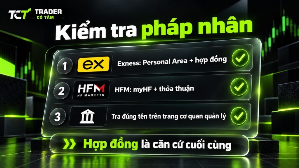 Kiểm tra pháp nhân Exness và HFM qua Personal Area, myHF và trang cơ quan quản lý