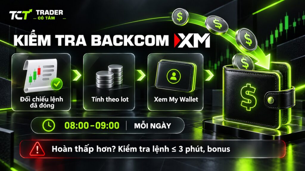 Kiểm tra tiền backcom XM về My Wallet 08:00–09:00 mỗi ngày: đối chiếu lệnh đã đóng, tính theo lot, xem My Wallet