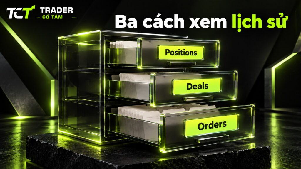 Lịch sử giao dịch MT5 trong tab History có ba chế độ xem Positions, Deals và Orders