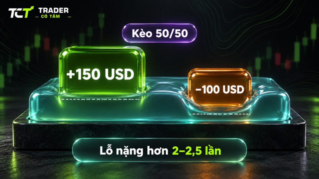 loss aversion là gì: khối kính −100 USD lún sâu hơn khối +150 USD trên cùng một tấm đệm, khoản lỗ nặng hơn 2–2,5 lần