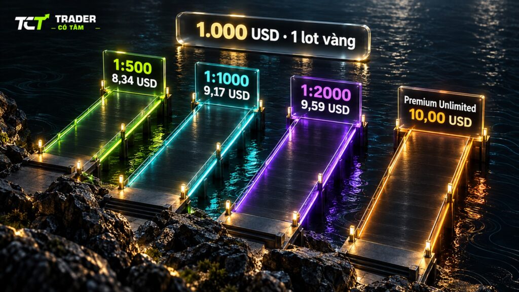 margin call Vantage và stop out: tài khoản 1.000 USD giữ 1 lot vàng chạm stop out sau 8,34 đến 10,00 USD giá