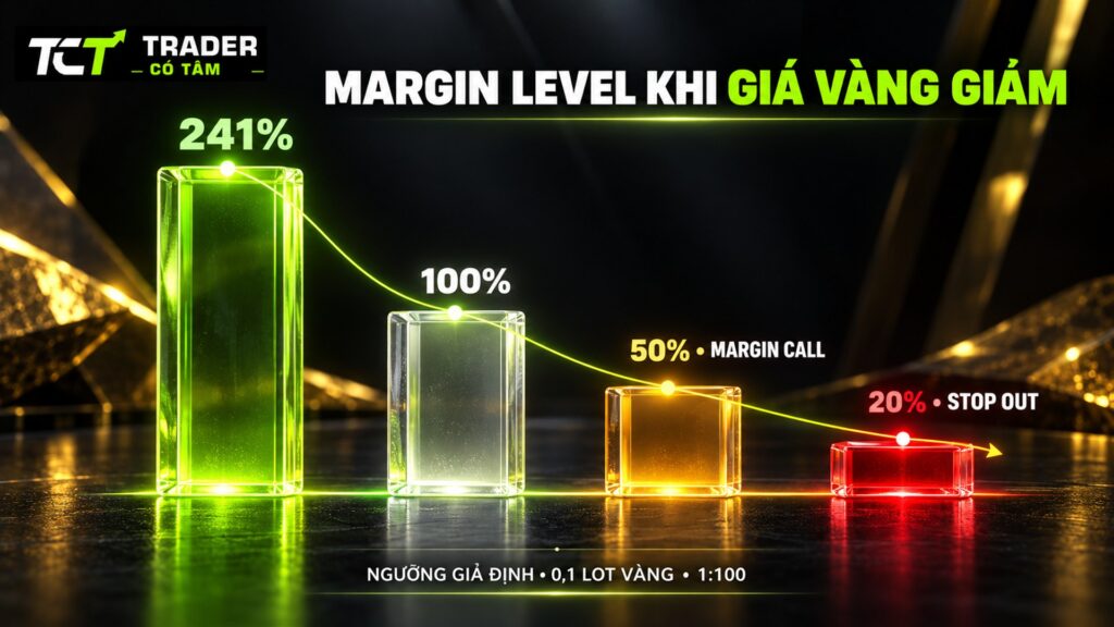 Margin level giảm từ 241% xuống 20% khi giá vàng đi ngược