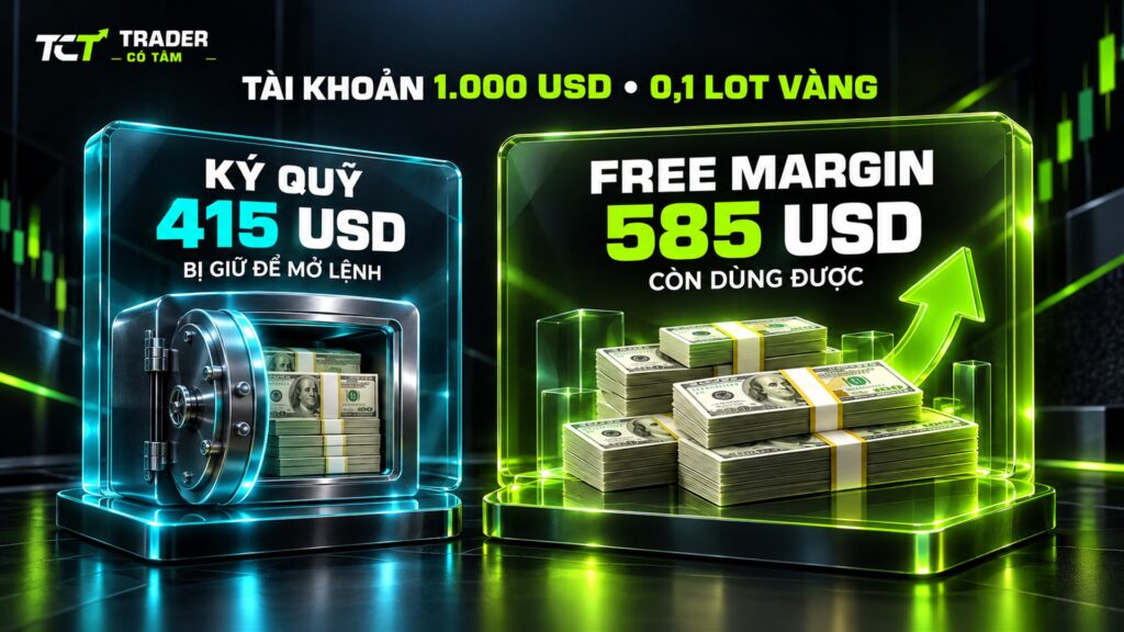 Margin trong forex: ký quỹ 415 USD bị giữ và free margin 585 USD khi mở 0,1 lot vàng
