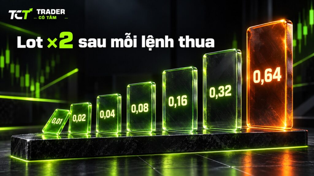 Martingale là gì: lot gấp đôi sau mỗi lệnh thua, từ 0,01 lên 0,64 lot sau 6 lệnh thua liên tiếp