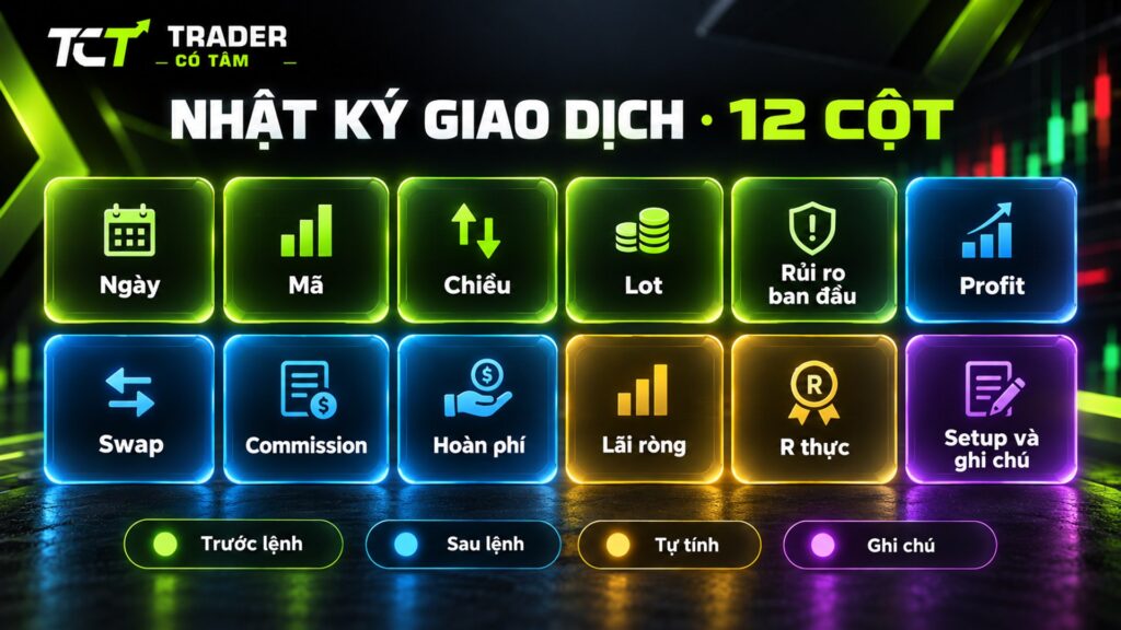Mẫu nhật ký giao dịch Excel 12 cột chia theo thời điểm ghi