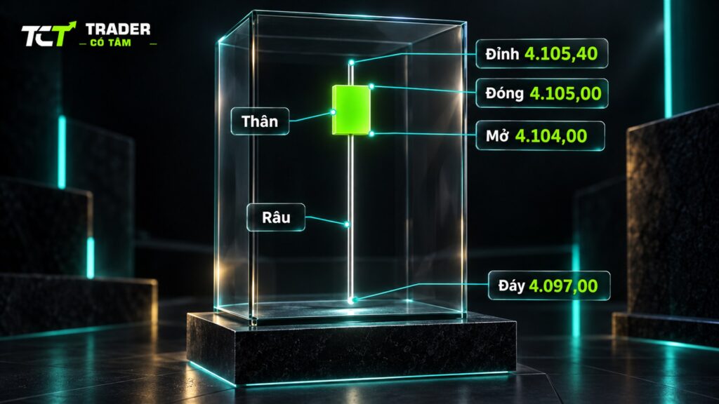 Mô hình nến Nhật bắt đầu từ một cây nến: thân, râu và bốn mức giá mở, cao nhất, thấp nhất, đóng