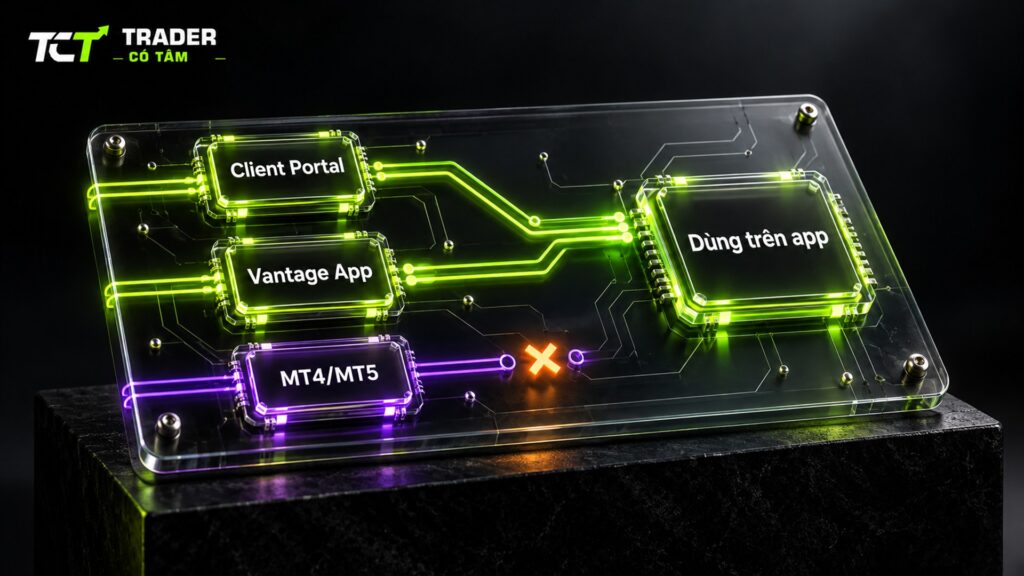 mở tài khoản demo Vantage trên Client Portal hoặc Vantage App để dùng trên ứng dụng, demo tạo trong MT4/MT5 thì không
