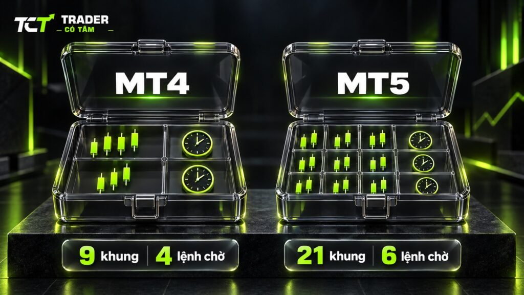 So sánh MT4 và MT5 khác gì nhau: MT4 có 9 khung thời gian và 4 lệnh chờ, MT5 có 21 khung thời gian và 6 lệnh chờ