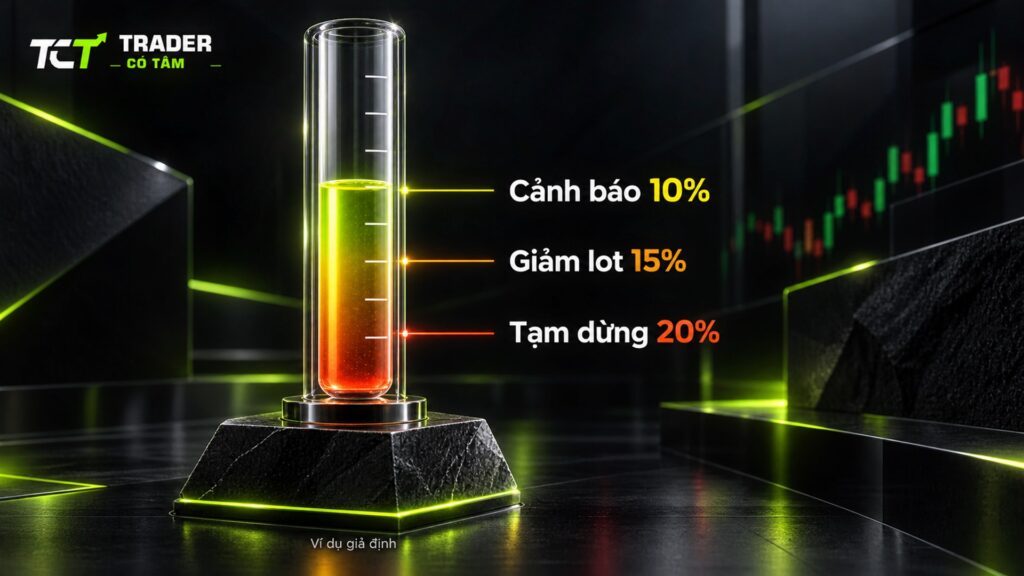 Mức drawdown tự đặt theo ví dụ giả định: cảnh báo 10%, giảm khối lượng 15%, tạm dừng 20%