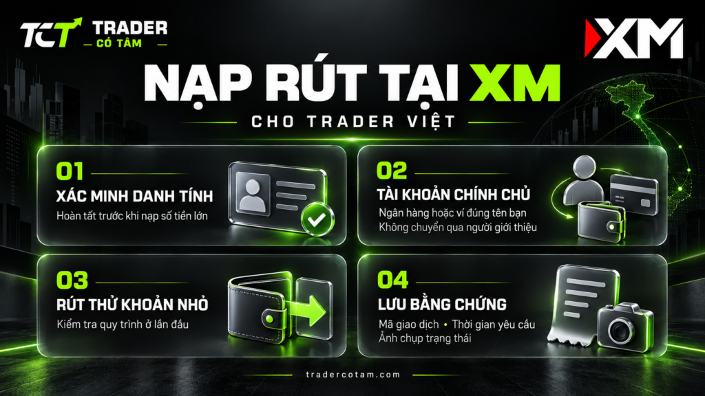 Nạp rút tại XM cho trader Việt: xác minh danh tính, tài khoản chính chủ, rút thử khoản nhỏ