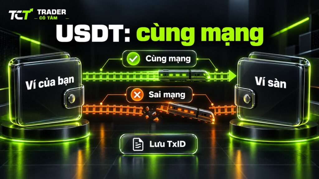 Nạp rút USDT cần chọn cùng mạng ở ví của bạn và ví sàn, lưu mã TxID để tra cứu khi rút chậm