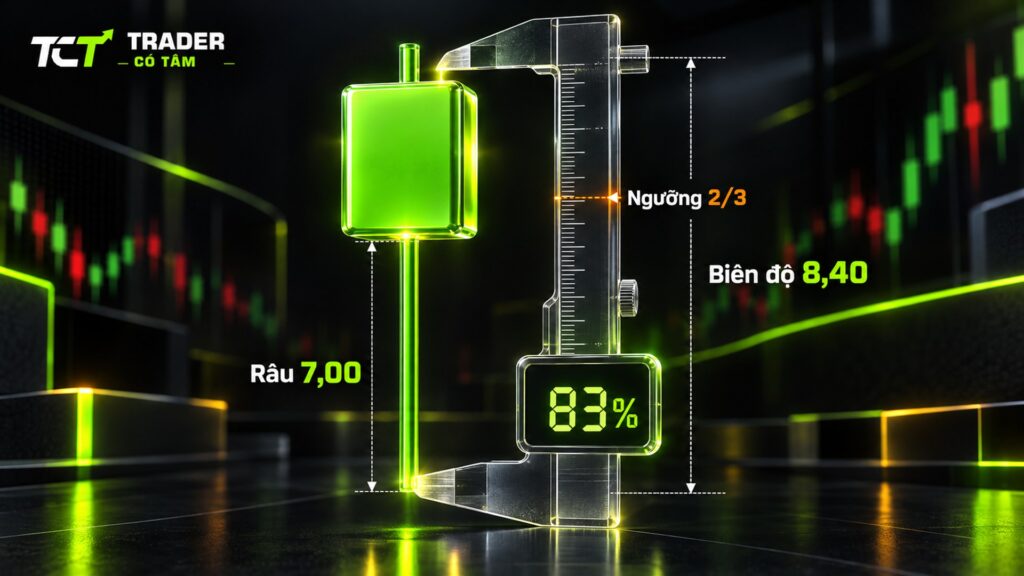 Nến pin bar đuôi dưới: râu 7,00 USD trên biên độ 8,40 USD, tỷ lệ râu 83% vượt ngưỡng 2/3