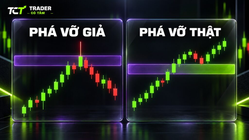 Phá vỡ giả và phá vỡ thật quanh vùng kháng cự, kháng cự cũ đổi vai thành hỗ trợ