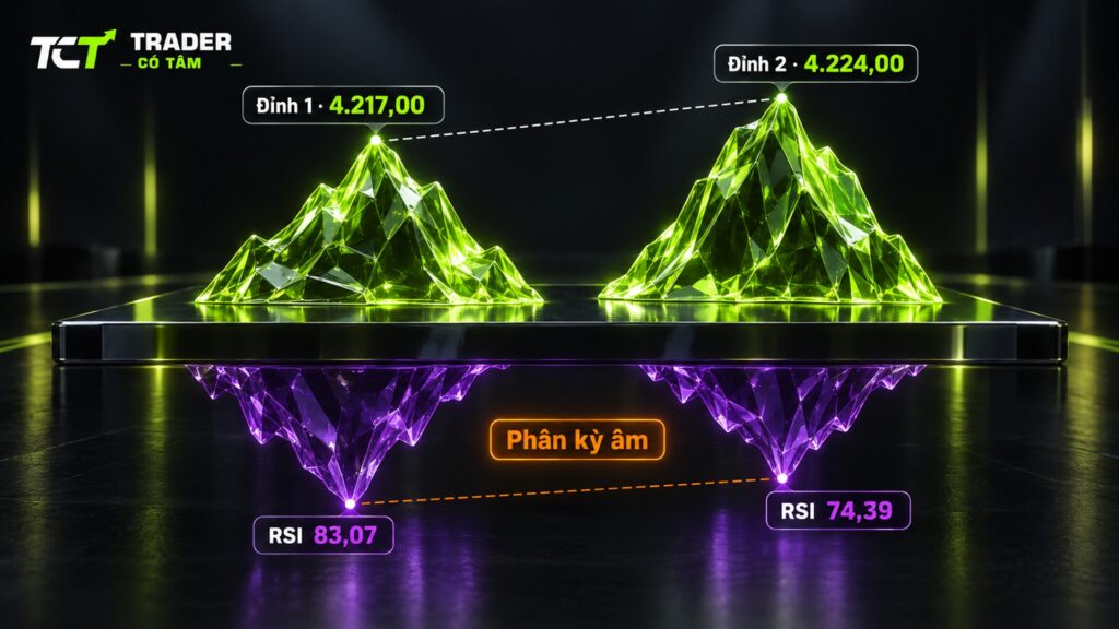 phân kỳ RSI âm trên vàng H1: đỉnh giá 4.224,00 cao hơn đỉnh 4.217,00 nhưng RSI 74,39 thấp hơn 83,07