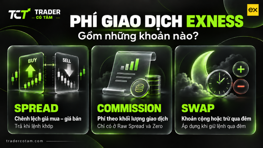 Phí giao dịch Exness gồm những khoản nào: spread, commission và swap