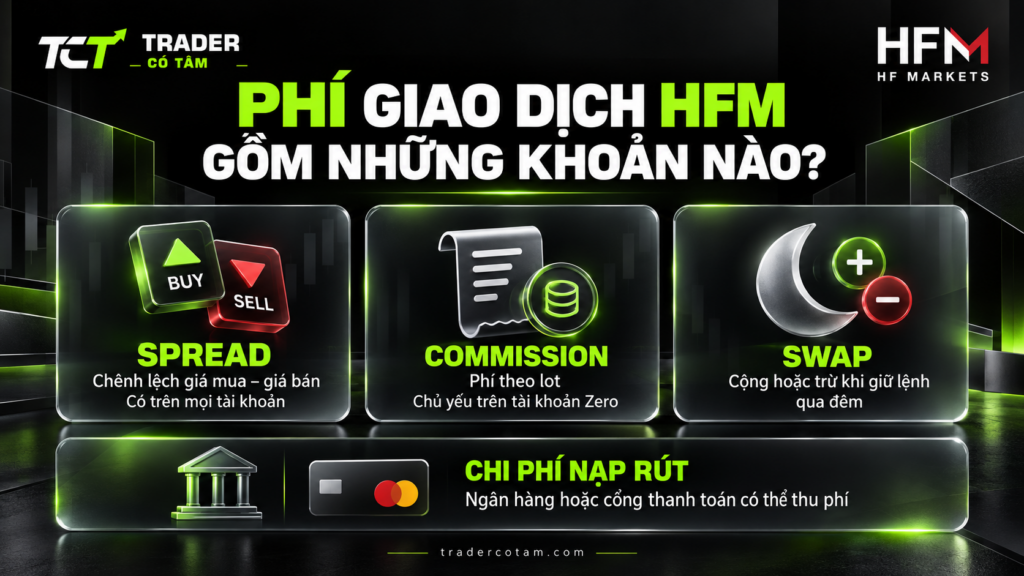Phí giao dịch HFM gồm spread, commission, swap và chi phí nạp rút
