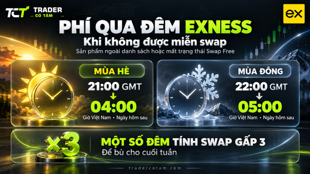 Phí qua đêm Exness tính lúc 21:00 GMT mùa hè và 22:00 GMT mùa đông
