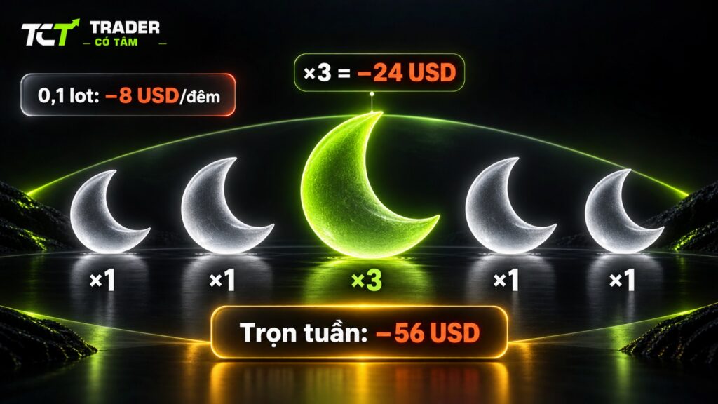 Phí qua đêm MT5 của 0,1 lot vàng giả định: −8 USD mỗi đêm, −24 USD đêm thứ Tư hệ số 3, −56 USD trọn tuần