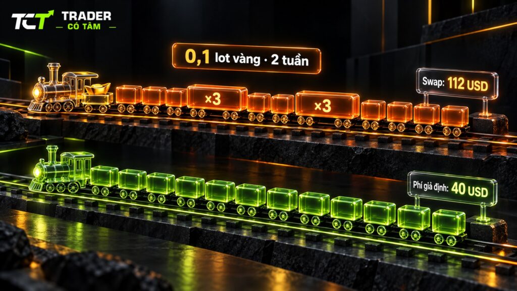 Phí qua đêm vàng khi giữ 0,1 lot hai tuần: swap 112 USD so với phí giả định 40 USD