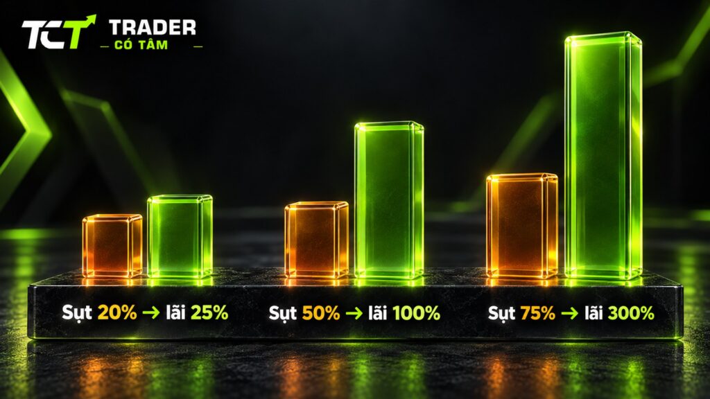 Phục hồi sau drawdown: sụt 20% cần lãi 25%, sụt 50% cần lãi 100%, sụt 75% cần lãi 300% để về đỉnh