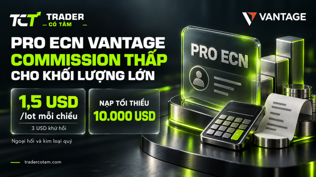 Pro ECN Vantage thu commission 1,5 USD mỗi lot mỗi chiều và yêu cầu nạp tối thiểu 10.000 USD