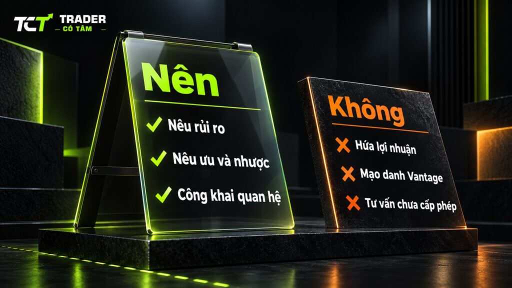quy định quảng bá khi làm IB sàn Vantage: nêu rủi ro, công khai quan hệ, không hứa lợi nhuận, không mạo danh Vantage