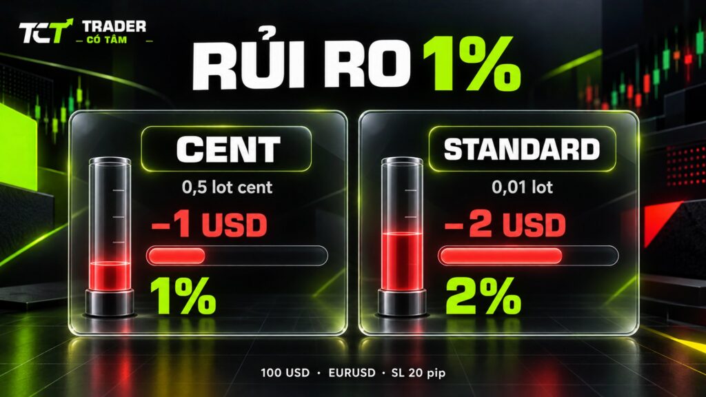 Rủi ro 1% với 100 USD: 0,5 lot cent so với 0,01 lot Standard