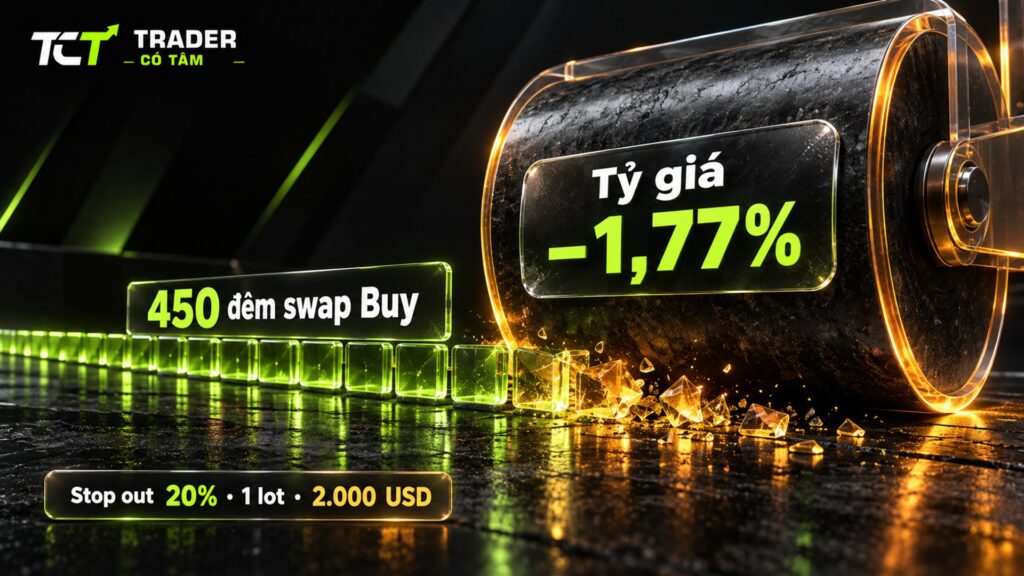 rủi ro carry trade: USDJPY giảm 1,77% làm tài khoản 2.000 USD giữ 1 lot chạm stop out 20%, bằng 450 đêm swap dương giả định