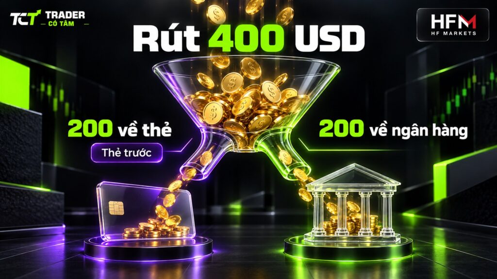 Rút tiền HFM về ngân hàng khi đã nạp cả thẻ: rút 400 USD thì 200 USD về thẻ trước, 200 USD về tài khoản ngân hàng đã nạp