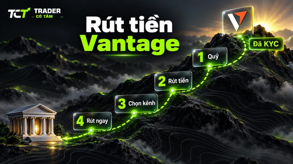 Rút tiền Vantage về ngân hàng qua 4 mốc trong Client Portal: quỹ, rút tiền, chọn kênh cùng tên và rút ngay sau khi đã KYC