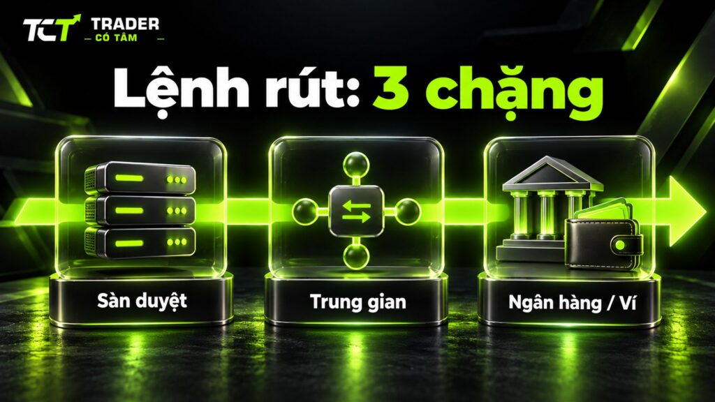 Sàn forex nạp rút nhanh được đo qua 3 chặng: sàn duyệt lệnh rút, trung gian thanh toán chuyển tiền, ngân hàng hoặc ví ghi có