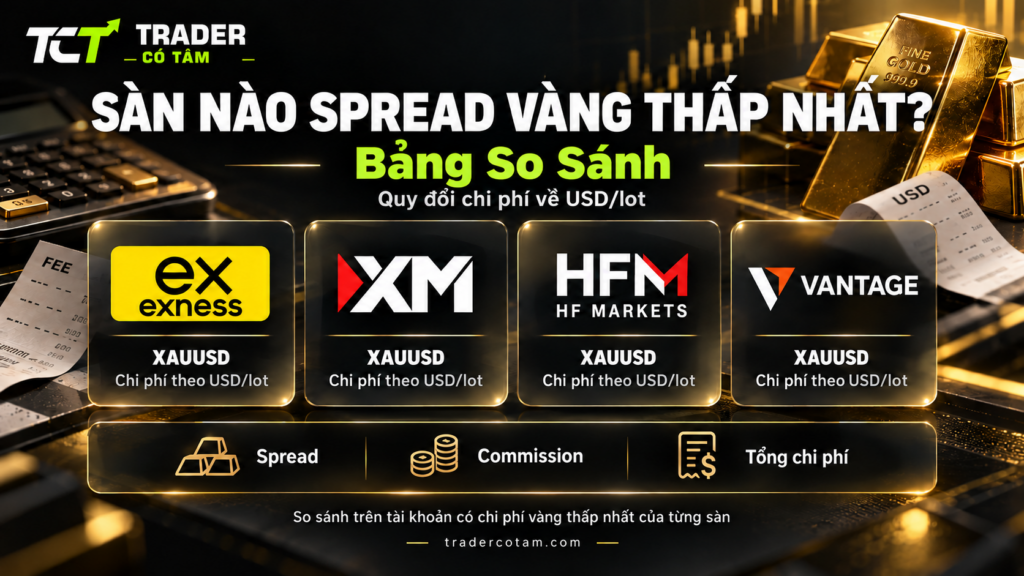 Sàn nào spread vàng thấp nhất: bảng so sánh chi phí XAUUSD của Exness, XM, HFM và Vantage theo USD mỗi lot