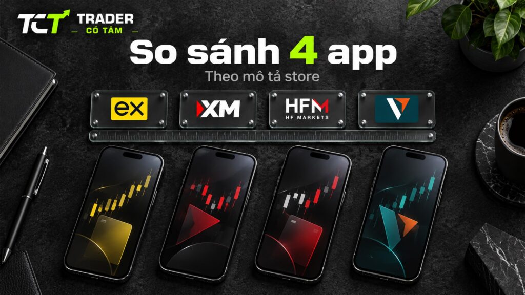 So sánh 4 app giao dịch forex của Exness, XM, HFM và Vantage theo mô tả trên store