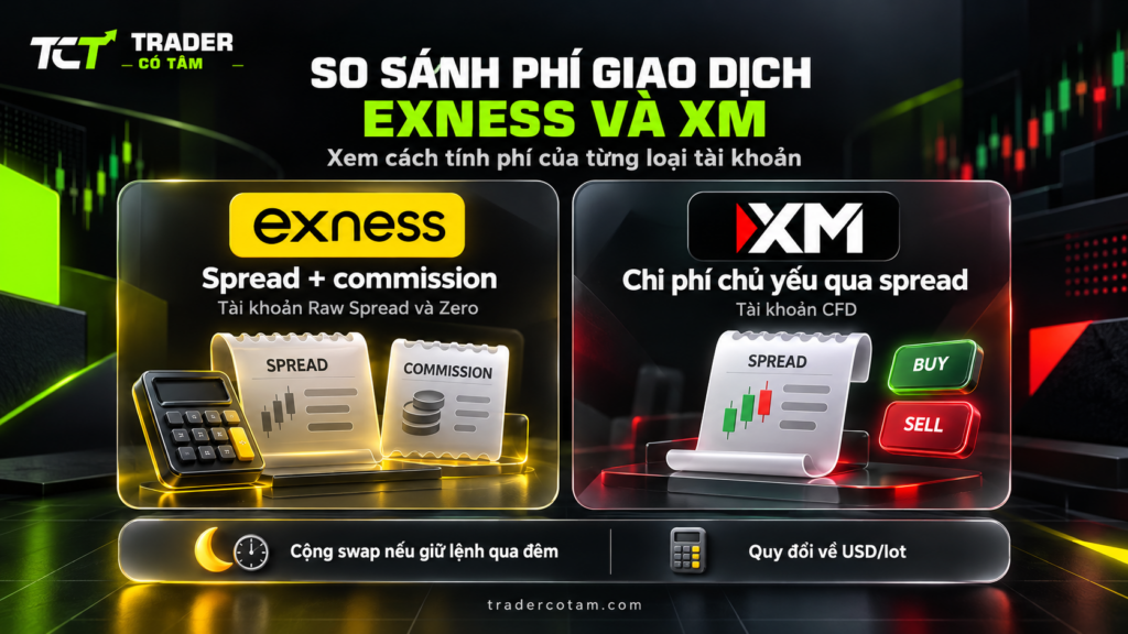 So sánh phí giao dịch Exness và XM: Exness tách spread và commission, XM gói chi phí trong spread trên tài khoản CFD