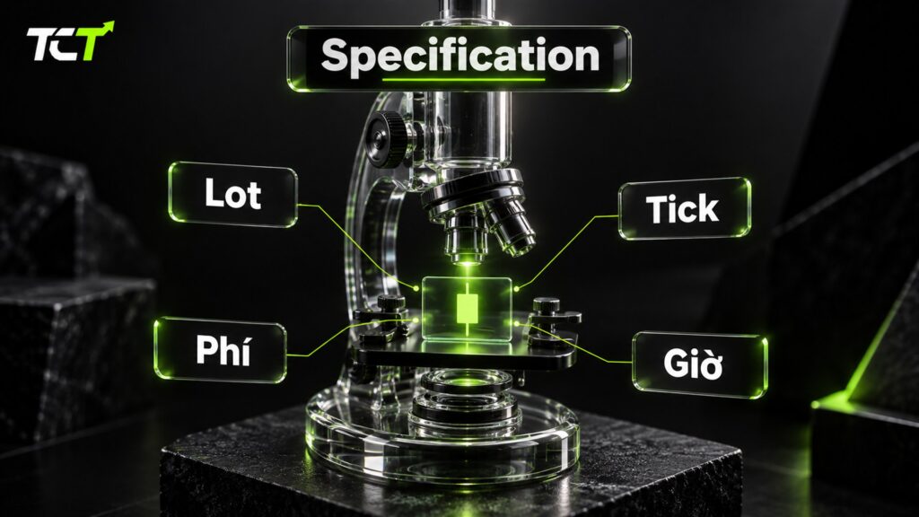 Specification MT5 gom thông số hợp đồng của một mã thành bốn nhóm: khối lượng lot, bước giá tick, chi phí và giờ giao dịch
