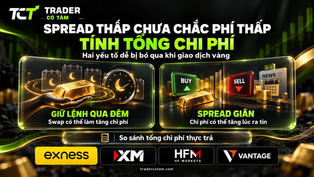 Spread thấp chưa chắc phí thấp: swap khi giữ lệnh qua đêm và spread giãn lúc ra tin đều làm tăng chi phí