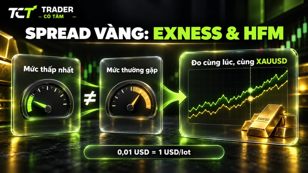 Đo spread vàng Exness và HFM cùng lúc trên XAUUSD, 0,01 USD bằng 1 USD/lot