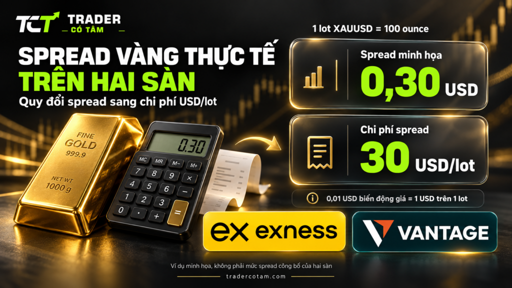 Spread vàng thực tế: 1 lot XAUUSD bằng 100 ounce nên spread 0,30 USD tương đương 30 USD chi phí mỗi lot