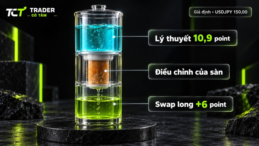 swap dương là gì: chênh lệch lý thuyết 10,9 point, swap long giả định còn +6 point sau điều chỉnh của sàn
