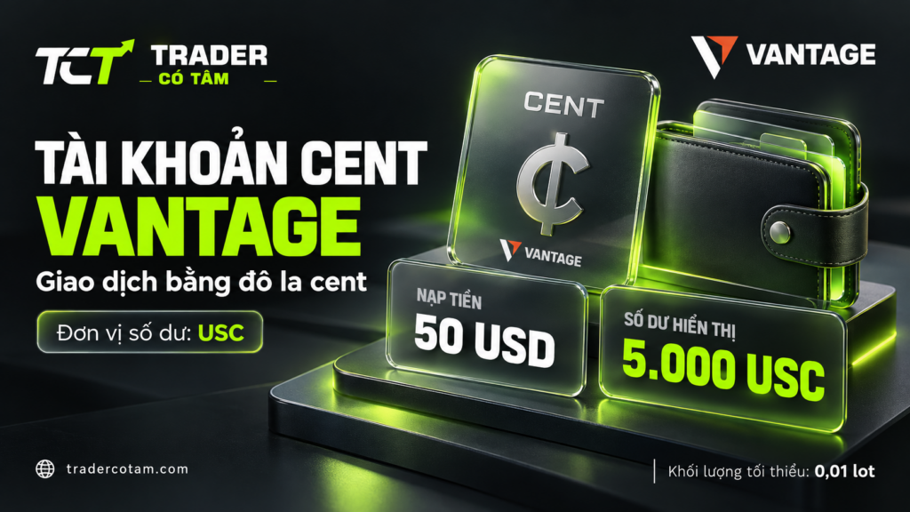 Tài khoản Cent Vantage tính số dư bằng đô la cent: nạp 50 USD hiển thị 5.000 USC
