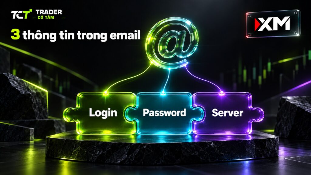 Ba thông tin cần có khi đăng nhập XM MT5: số tài khoản, mật khẩu giao dịch và server trong email XM gửi khi tạo tài khoản