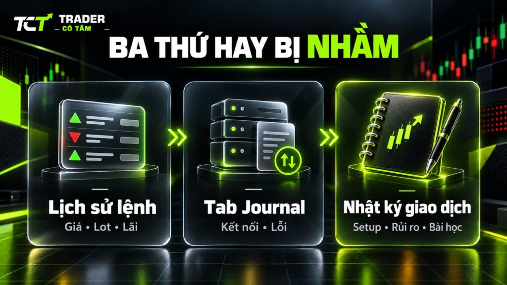 Nhật ký giao dịch khác lịch sử lệnh và tab Journal của MT5