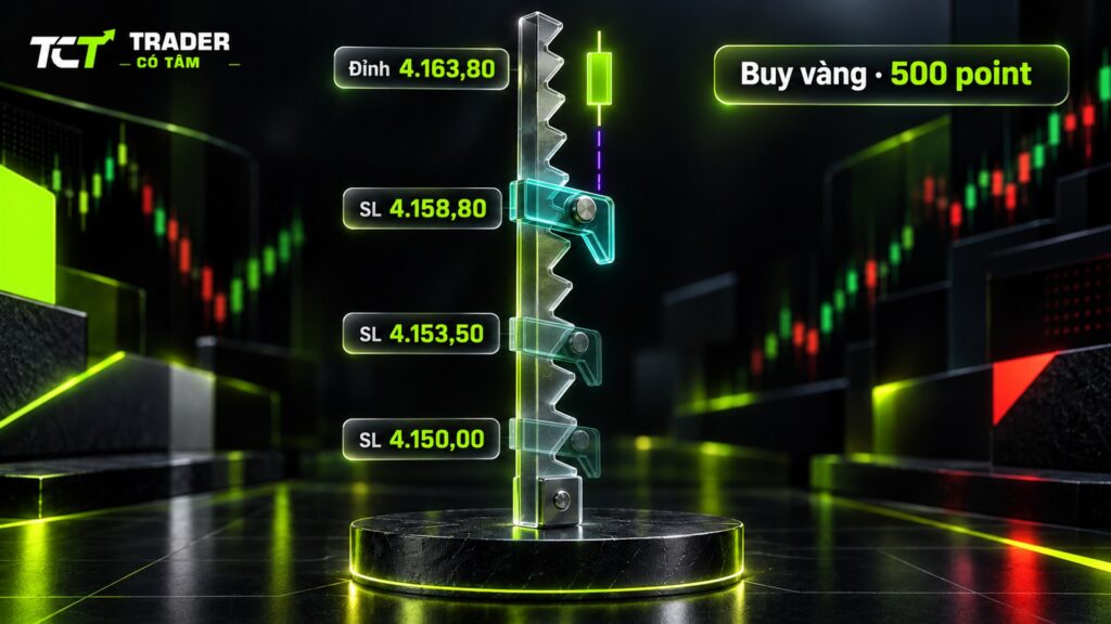 trailing stop là gì qua lệnh Buy vàng 4.150: SL dời từ 4.150,00 lên 4.153,50 rồi 4.158,80 khi giá lên đỉnh 4.163,80, khoảng 500 point