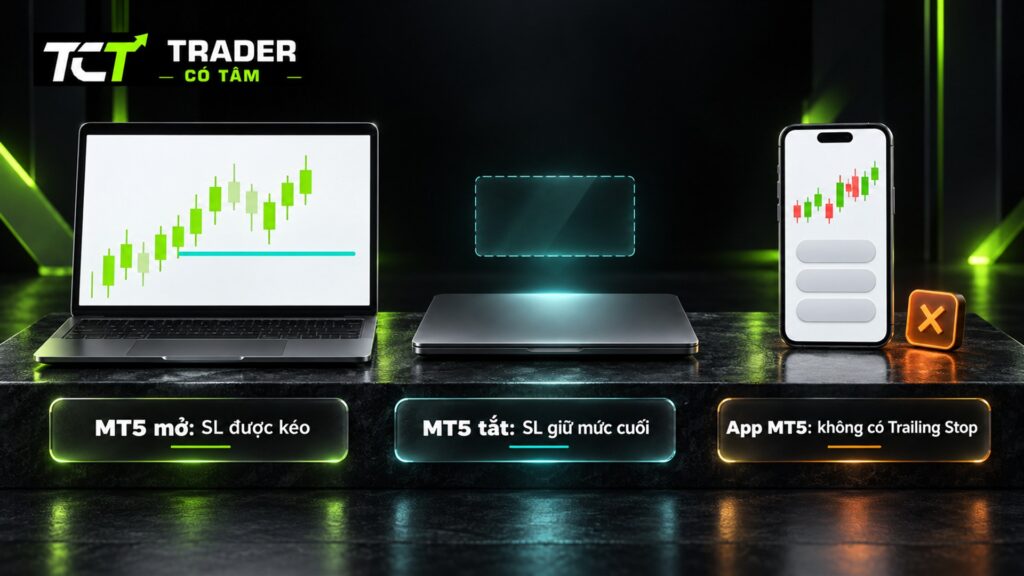 trailing stop MT5 khi tắt máy giữ SL ở mức cuối, app MT5 điện thoại không có lệnh Trailing Stop
