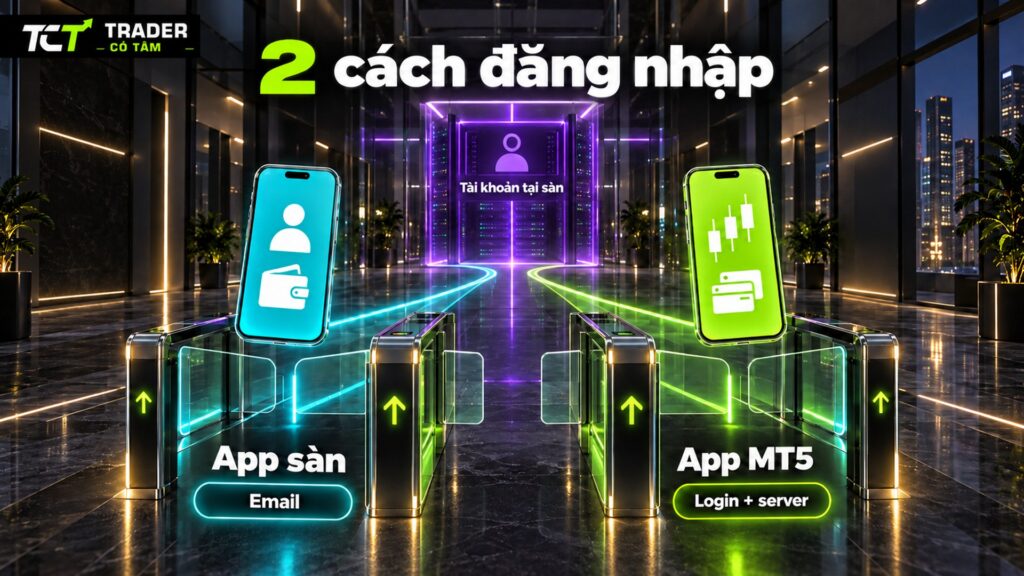 Ứng dụng giao dịch forex của sàn và app MT5 dùng hai kiểu đăng nhập khác nhau