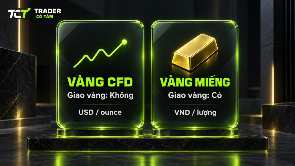 Vàng CFD khác vàng miếng: không giao vàng, báo giá bằng USD cho mỗi ounce