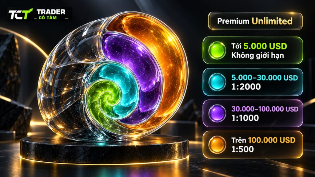 Vantage Premium Unlimited: bốn bậc đòn bẩy theo vốn, không giới hạn tới 5.000 USD, rồi 1:2000, 1:1000 và 1:500