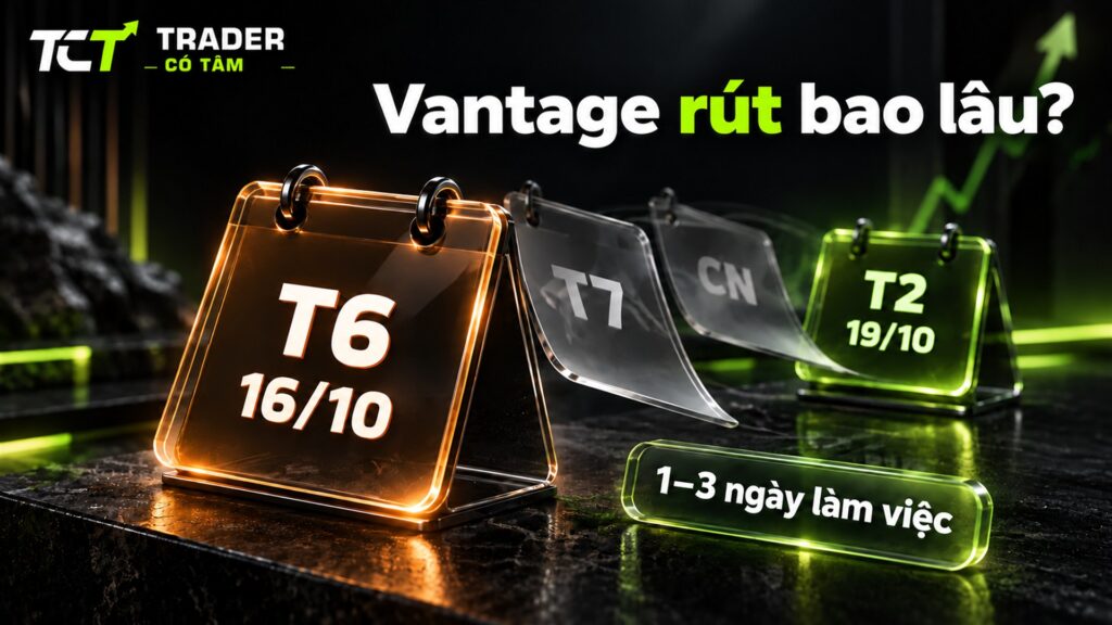 Vantage rút tiền bao lâu: qua ngân hàng địa phương 1–3 ngày làm việc, đặt lệnh thứ Sáu 16/10 thì sớm nhất thứ Hai 19/10